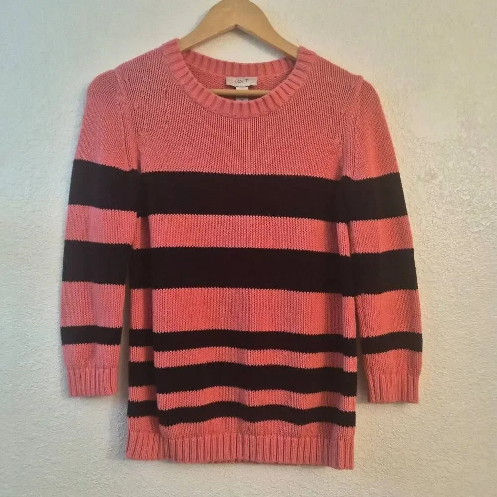 LOFT Pink & Navy Blue Striped Long-sleeve Sweater: Fun Nautical Coastal Summer